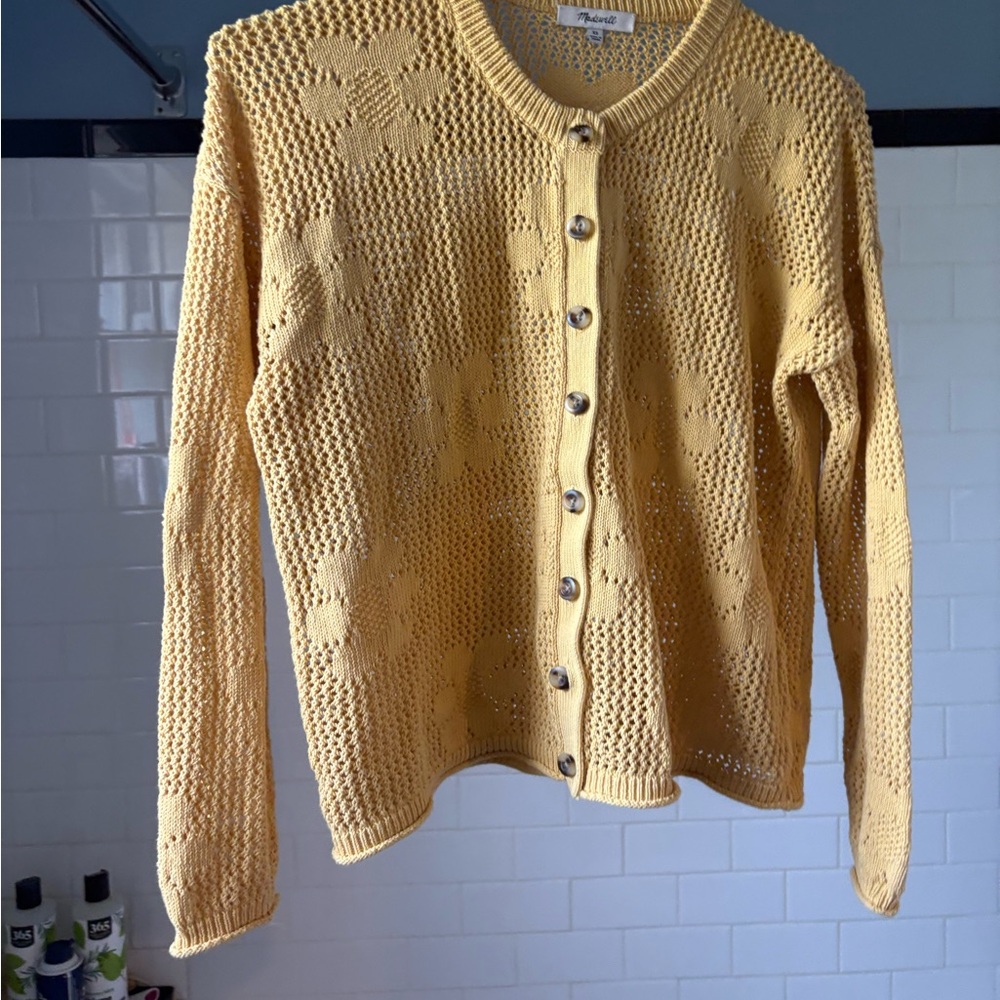 Madewell Butter Yellow cotton crochet like Cardigan Sweater